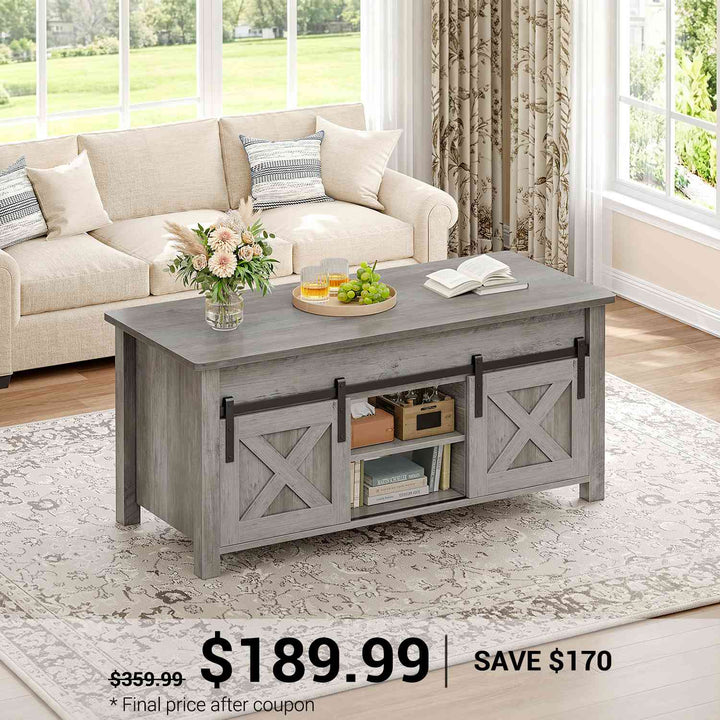 SEDETA 39.3 Inch Lift Top Coffee Table Farmhouse Lift Tabletop Dining Table Gas Spring Hidden Compartment Open Storage Shelf for Living Room