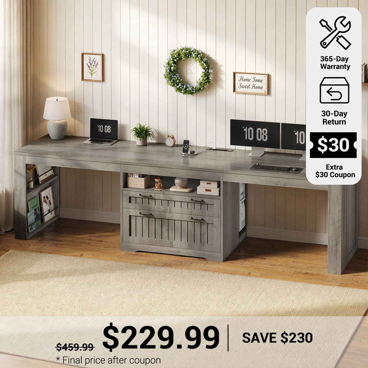 SEDETA® 94.5 Inch Farmhouse Two Person Desk with Large File Drawers Long Computer Desk with Power Outlet Double Computer Desk with Storage Shelves
