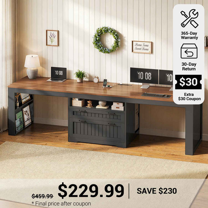 SEDETA® 94.5 Inch Farmhouse Two Person Desk with Large File Drawers Long Computer Desk with Power Outlet Double Computer Desk with Storage Shelves