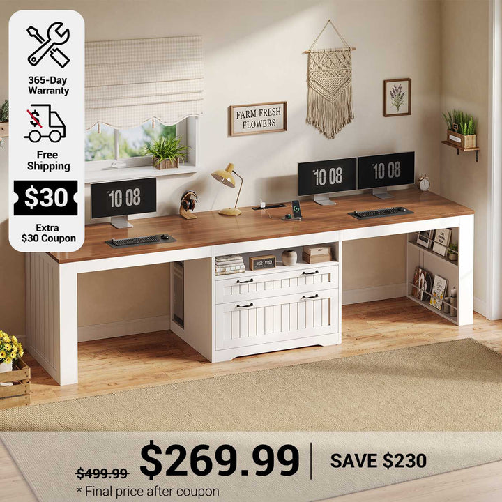 SEDETA 94.5 Inch Farmhouse Two Person Desk Long Computer Desk for Large File Drawer & Power Outlet Double Computer Desk with Storage Shelves for Home Office