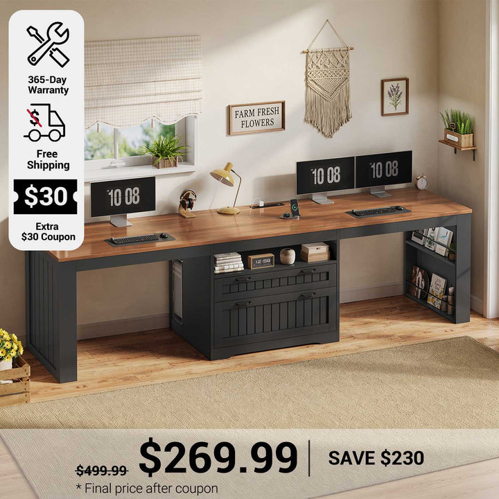 SEDETA 94.5 Inch Farmhouse Two Person Desk Long Computer Desk for Large File Drawer & Power Outlet Double Computer Desk with Storage Shelves for Home Office