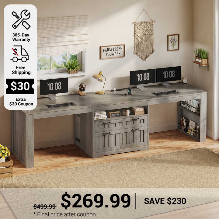 SEDETA 94.5 Inch Farmhouse Two Person Desk Long Computer Desk for Large File Drawer & Power Outlet Double Computer Desk with Storage Shelves for Home Office