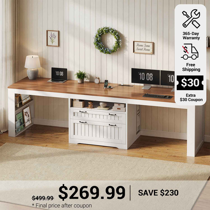 SEDETA 94.5 Inch Farmhouse Two Person Desk Long Computer Desk for Large File Drawer & Power Outlet Double Computer Desk with Storage Shelves for Home Office