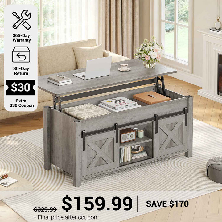 SEDETA® 39.3 Inch Lift Top Coffee Table with Hidden Compartment Farmhouse Lift Tabletop with Open Storage Shelf Dining Table with Gas Spring for Living Room