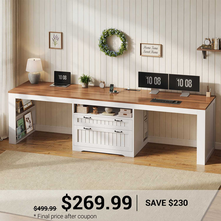 SEDETA 94.5 Inch Farmhouse Two Person Desk Long Computer Desk for Large File Drawer & Power Outlet Double Computer Desk with Storage Shelves for Home Office