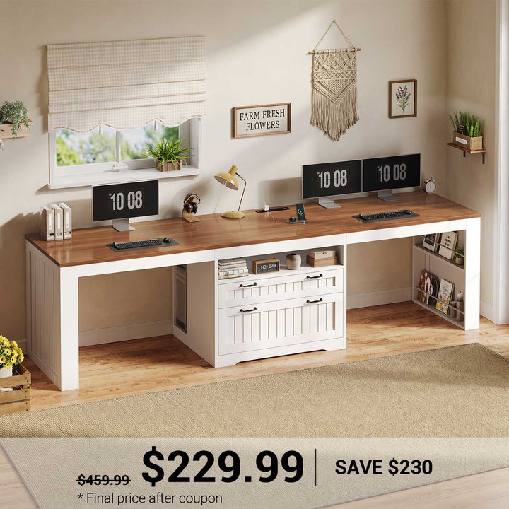 SEDETA® 94.5 Inch Farmhouse Two Person Desk with Large File Drawers Long Computer Desk with Power Outlet Double Computer Desk with Storage Shelves