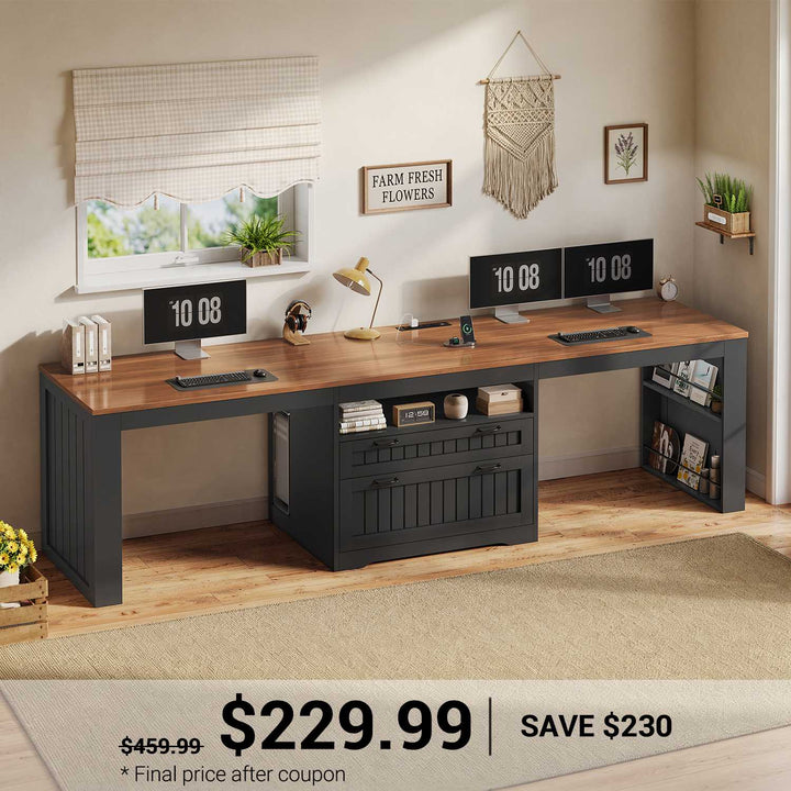 SEDETA® 94.5 Inch Farmhouse Two Person Desk with Large File Drawers Long Computer Desk with Power Outlet Double Computer Desk with Storage Shelves