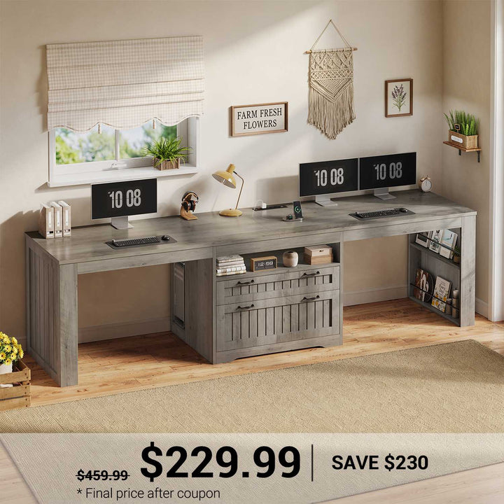 SEDETA® 94.5 Inch Farmhouse Two Person Desk with Large File Drawers Long Computer Desk with Power Outlet Double Computer Desk with Storage Shelves