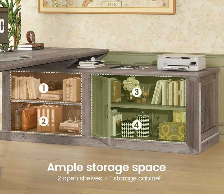 SEDETA 70.9 Inch Vintage L Shaped Computer Desk Reversible 105 Inch Long Executive Desk with Drawers Storage Cabinet Shelves Printer Stand Power Outlet