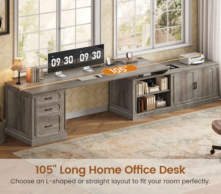 SEDETA® 70.9 Inch Vintage L Shaped Computer Desk Reversible 105 Inch Long Two Person Executive Desk with Printer Stand Power Outlet Drawers Storage Cabinet