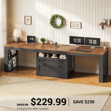 SEDETA | 94.5 Inch Farmhouse Long Computer Desk with Power Outlet Two Person Desk with Large File Drawers Double Computer Desk with Storage Shelves