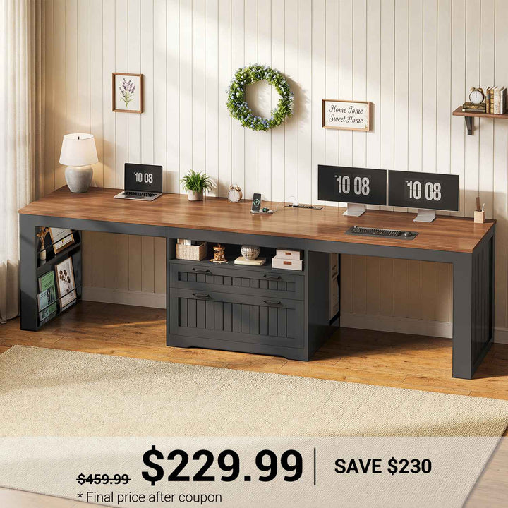 SEDETA® 94.5 Inch Farmhouse Two Person Desk with Large File Drawers Long Computer Desk with Power Outlet Double Computer Desk with Storage Shelves