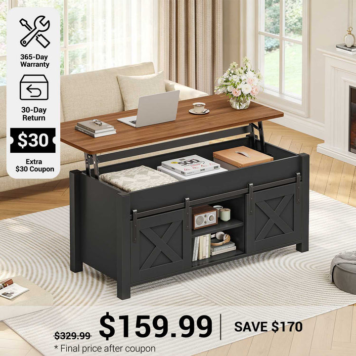 SEDETA® 39.3 Inch Lift Top Coffee Table with Hidden Compartment Farmhouse Lift Tabletop with Open Storage Shelf Dining Table with Gas Spring for Living Room