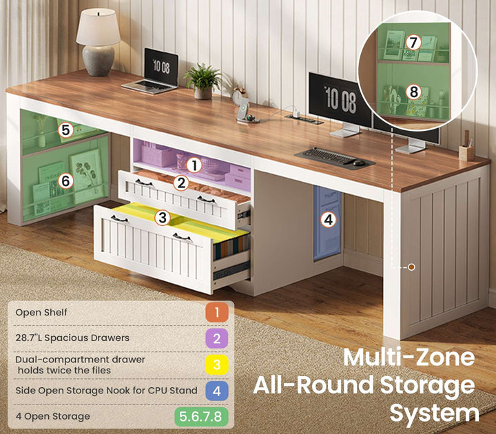 SEDETA® 94.5 Inch Farmhouse Two Person Desk with Large File Drawers Long Computer Desk with Power Outlet Double Computer Desk with Storage Shelves
