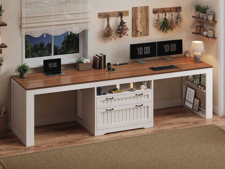 SEDETA® 94.5 Inch Farmhouse Two Person Desk with Large File Drawers Long Computer Desk with Power Outlet Double Computer Desk with Storage Shelves