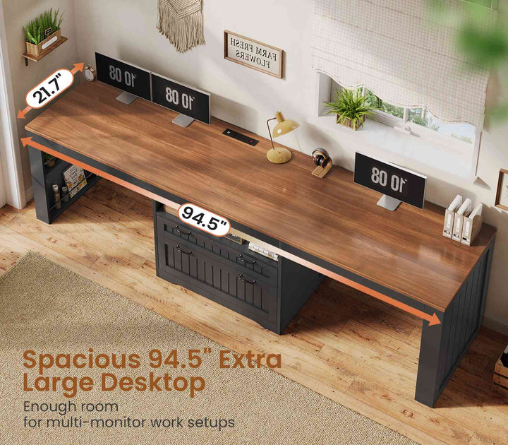 SEDETA® 94.5 Inch Farmhouse Two Person Desk with Large File Drawers Long Computer Desk with Power Outlet Double Computer Desk with Storage Shelves