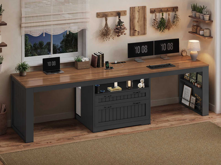 SEDETA® 94.5 Inch Farmhouse Two Person Desk with Large File Drawers Long Computer Desk with Power Outlet Double Computer Desk with Storage Shelves