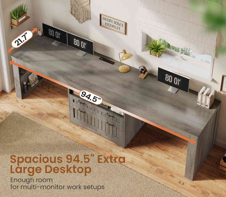 SEDETA® 94.5 Inch Farmhouse Two Person Desk with Large File Drawers Long Computer Desk with Power Outlet Double Computer Desk with Storage Shelves