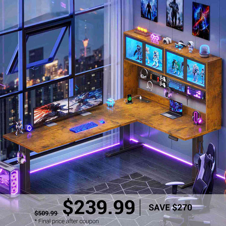 SEDETA® 67 Inch Standing L Shaped Gaming Desk with Led Lights Office Computer Desk with Storage Hutch Stand Up Corner Desk with Pegboard