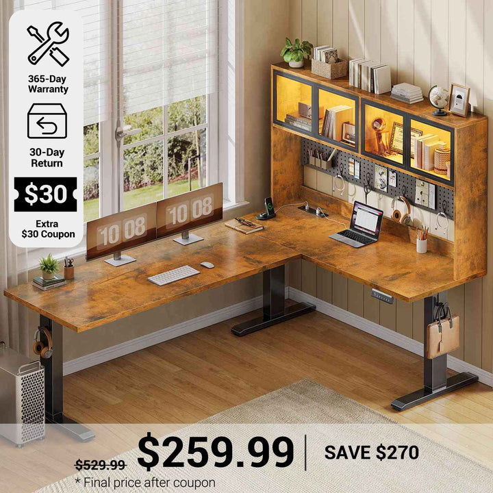 SEDETA 67 Inch Standing L Shaped Gaming Desk Office Computer Desk with Storage Hutch Stand Up Corner Desk with Pegboard & Led Lights for Home Office