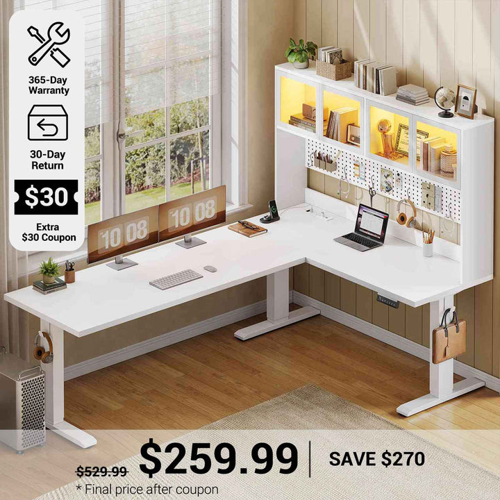 SEDETA 67 Inch Standing L Shaped Gaming Desk Office Computer Desk with Storage Hutch Stand Up Corner Desk with Pegboard & Led Lights for Home Office