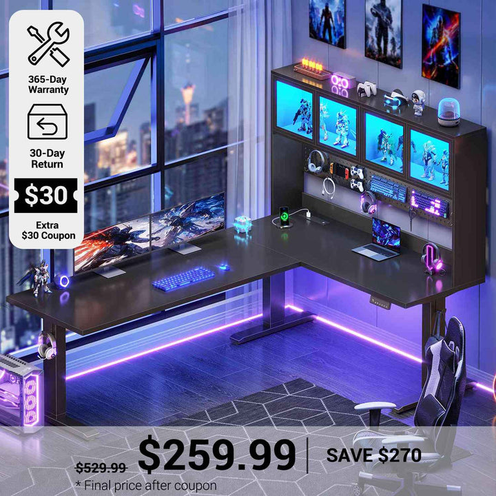 SEDETA 67 Inch Standing L Shaped Gaming Desk Office Computer Desk with Storage Hutch Stand Up Corner Desk with Pegboard & Led Lights for Home Office