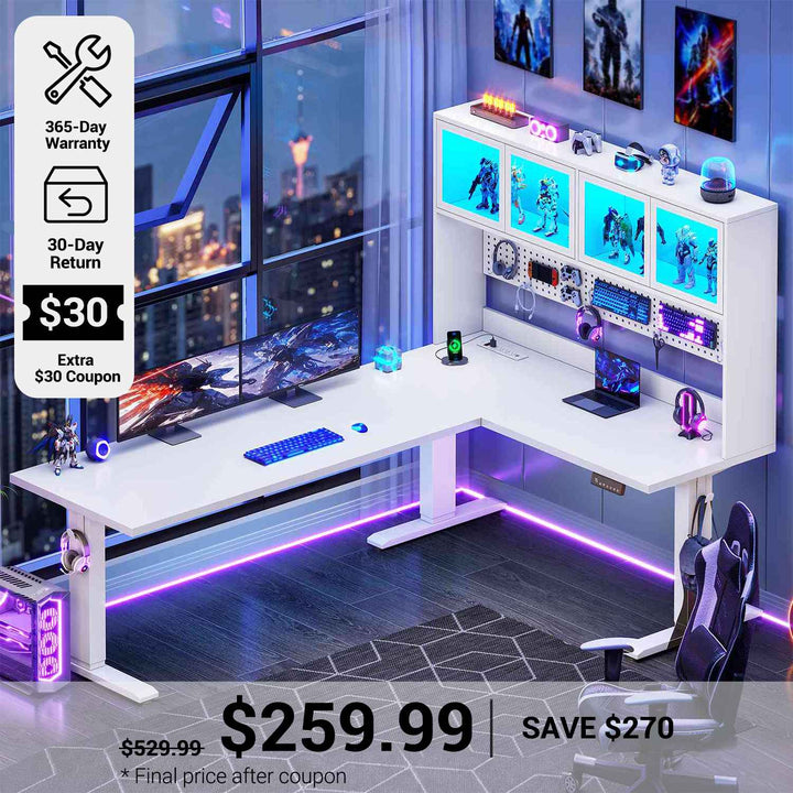 SEDETA 67 Inch Standing L Shaped Gaming Desk Office Computer Desk with Storage Hutch Stand Up Corner Desk with Pegboard & Led Lights for Home Office