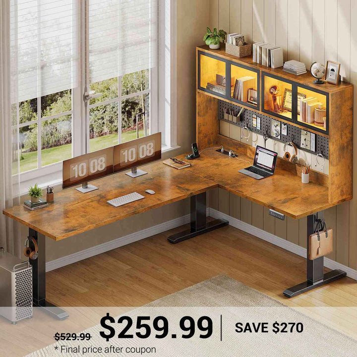 SEDETA 67 Inch Standing L Shaped Gaming Desk Office Computer Desk with Storage Hutch Stand Up Corner Desk with Pegboard & Led Lights for Home Office