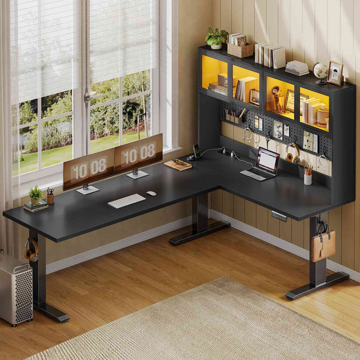 SEDETA 67 Inch Standing L Shaped Gaming Desk Office Computer Desk with Storage Hutch Stand Up Corner Desk with Pegboard & Led Lights for Home Office