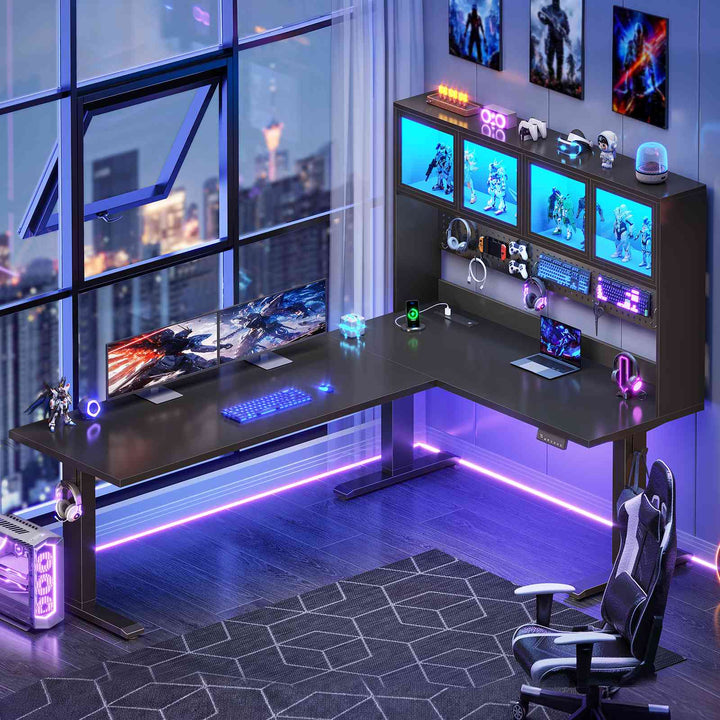SEDETA 67 Inch Standing L Shaped Gaming Desk Office Computer Desk with Storage Hutch Stand Up Corner Desk with Pegboard & Led Lights for Home Office