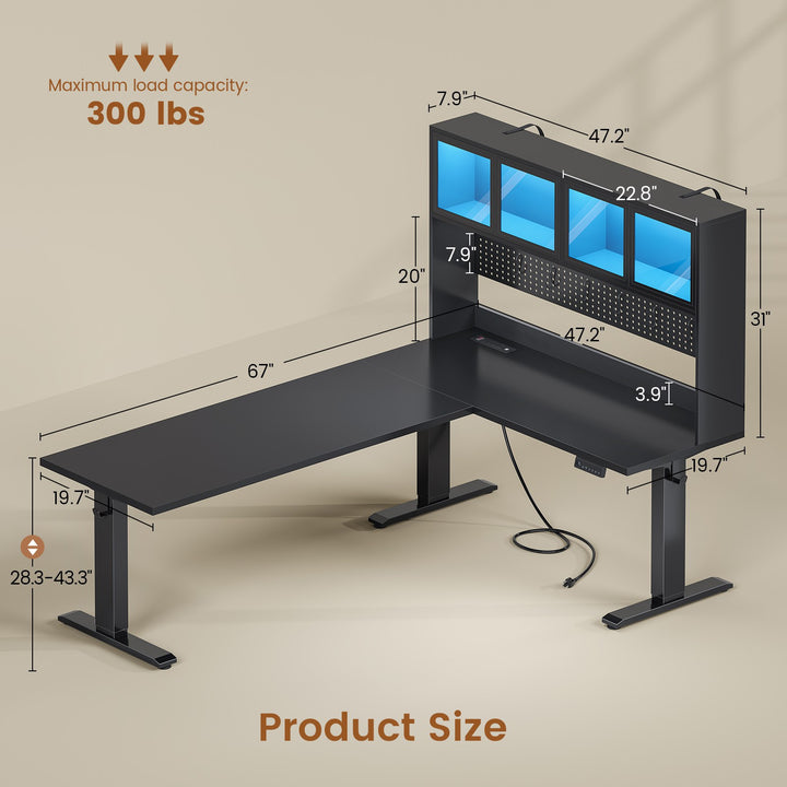 SEDETA 67 Inch Standing L Shaped Gaming Desk Office Computer Desk with Storage Hutch Stand Up Corner Desk with Pegboard & Led Lights for Home Office