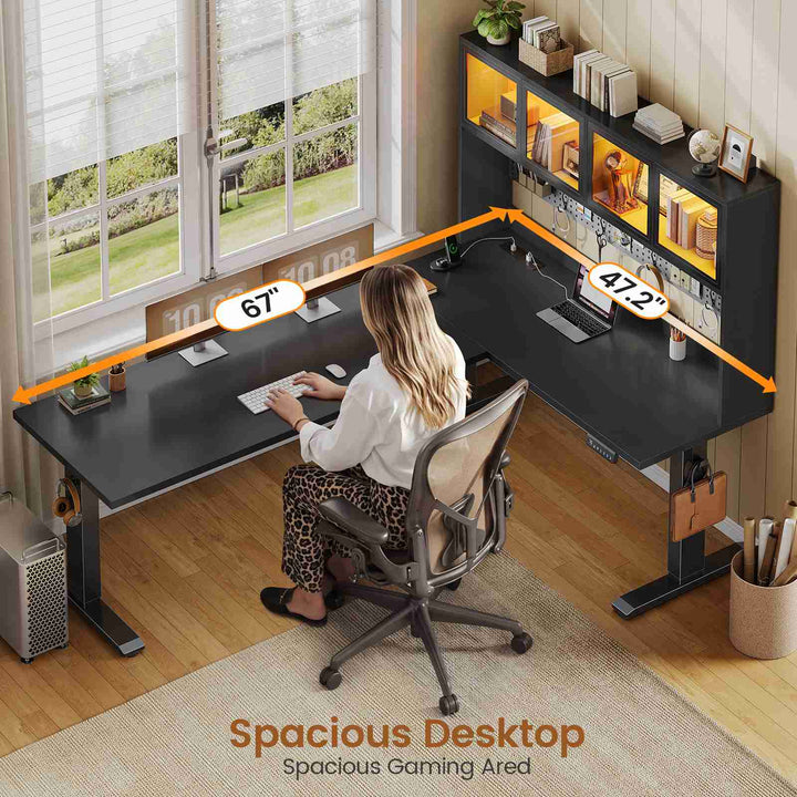 SEDETA 67 Inch Standing L Shaped Gaming Desk Office Computer Desk with Storage Hutch Stand Up Corner Desk with Pegboard & Led Lights for Home Office