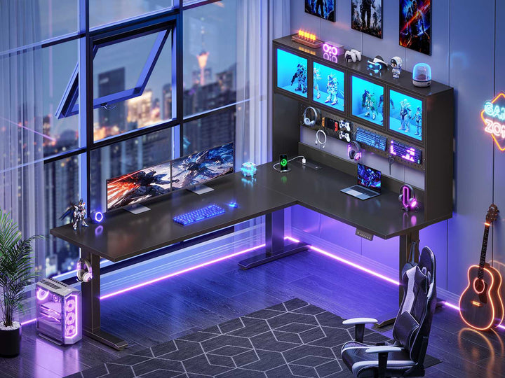 SEDETA 67 Inch Standing L Shaped Gaming Desk Office Computer Desk with Storage Hutch Stand Up Corner Desk with Pegboard & Led Lights for Home Office
