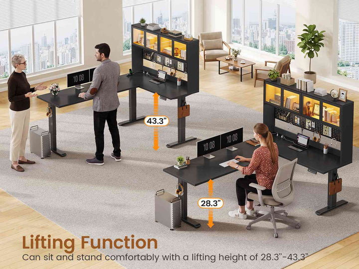 SEDETA 67 Inch Standing L Shaped Gaming Desk Office Computer Desk with Storage Hutch Stand Up Corner Desk with Pegboard & Led Lights for Home Office