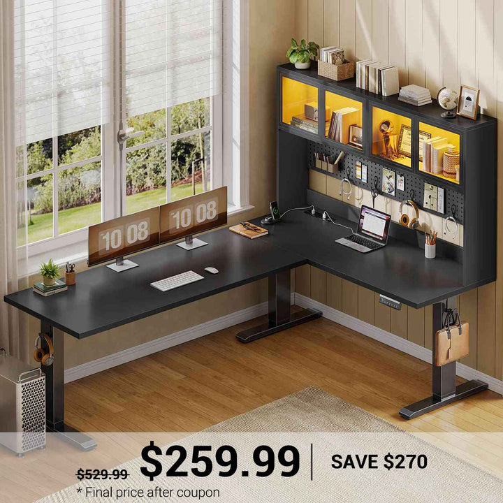 SEDETA 67 Inch Standing L Shaped Gaming Desk Office Computer Desk with Storage Hutch Stand Up Corner Desk with Pegboard & Led Lights for Home Office