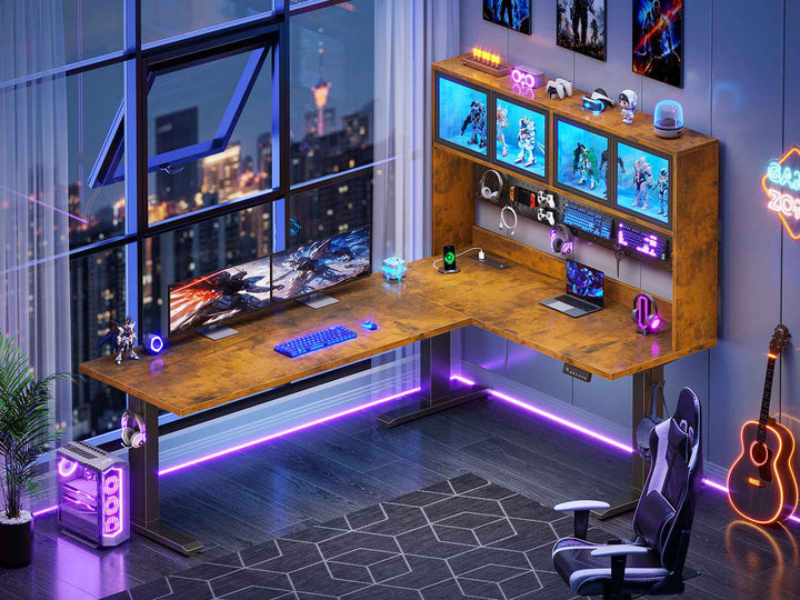 SEDETA 67 Inch Standing L Shaped Gaming Desk Office Computer Desk with Storage Hutch Stand Up Corner Desk with Pegboard & Led Lights for Home Office