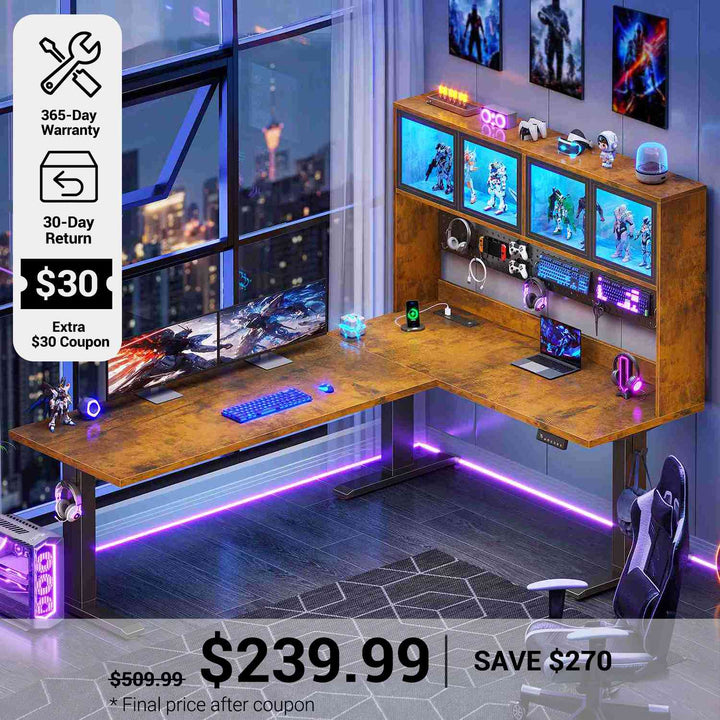 SEDETA® 67 Inch Standing L Shaped Gaming Desk with Led Lights Office Computer Desk with Storage Hutch Stand Up Corner Desk with Pegboard