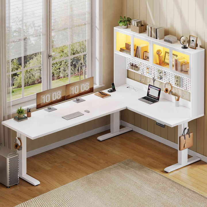 SEDETA 67 Inch Standing L Shaped Gaming Desk Office Computer Desk with Storage Hutch Stand Up Corner Desk with Pegboard & Led Lights for Home Office