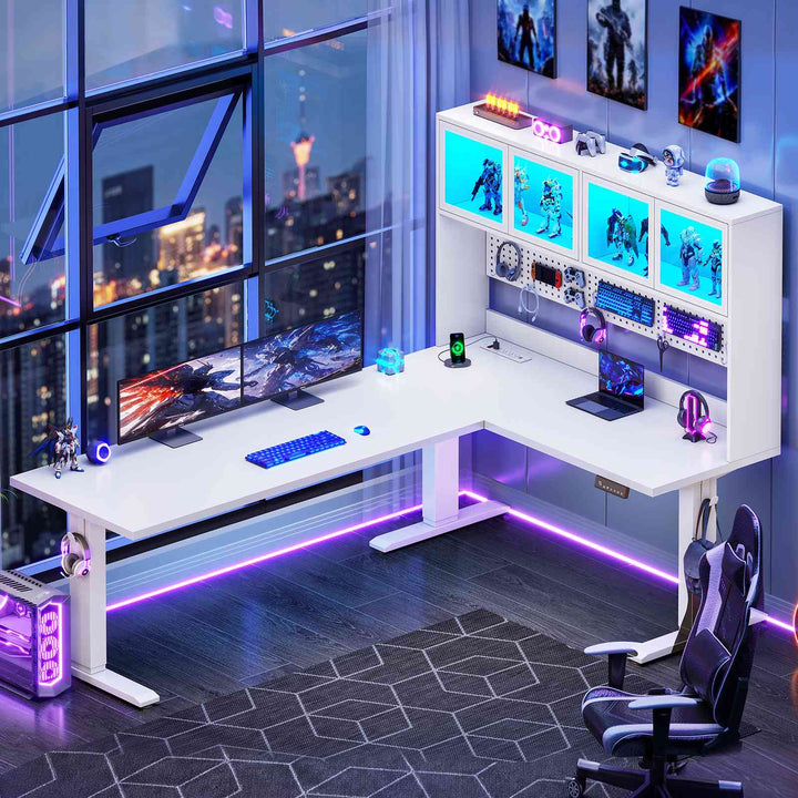 SEDETA 67 Inch Standing L Shaped Gaming Desk Office Computer Desk with Storage Hutch Stand Up Corner Desk with Pegboard & Led Lights for Home Office