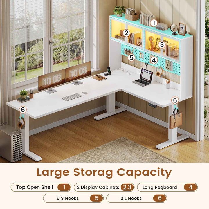 SEDETA 67 Inch Standing L Shaped Gaming Desk Office Computer Desk with Storage Hutch Stand Up Corner Desk with Pegboard & Led Lights for Home Office