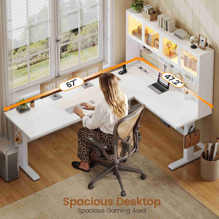SEDETA 67 Inch Standing L Shaped Gaming Desk Office Computer Desk with Storage Hutch Stand Up Corner Desk with Pegboard & Led Lights for Home Office