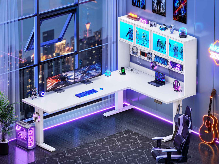 SEDETA 67 Inch Standing L Shaped Gaming Desk Office Computer Desk with Storage Hutch Stand Up Corner Desk with Pegboard & Led Lights for Home Office