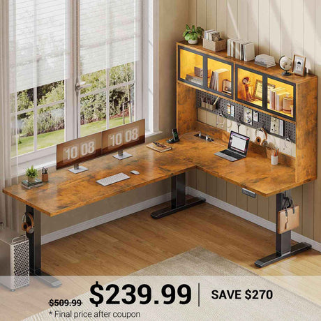 SEDETA | 67 Inch Standing L Shaped Gaming Desk with Pegboard Office Computer Desk with Led Lights Stand Up Corner Desk with Storage Hutch