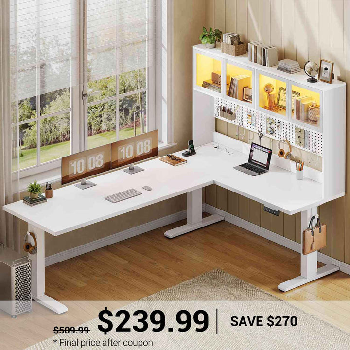 SEDETA® 67 Inch Standing L Shaped Gaming Desk with Led Lights Office Computer Desk with Storage Hutch Stand Up Corner Desk with Pegboard