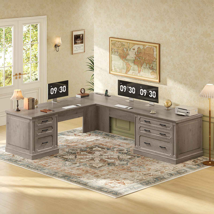 SEDETA 78.7 Inch Farmhouse Wood Corner Computer Desk L Shaped Executive Desk with 6 Storage Drawers Power Outlet for Home Office