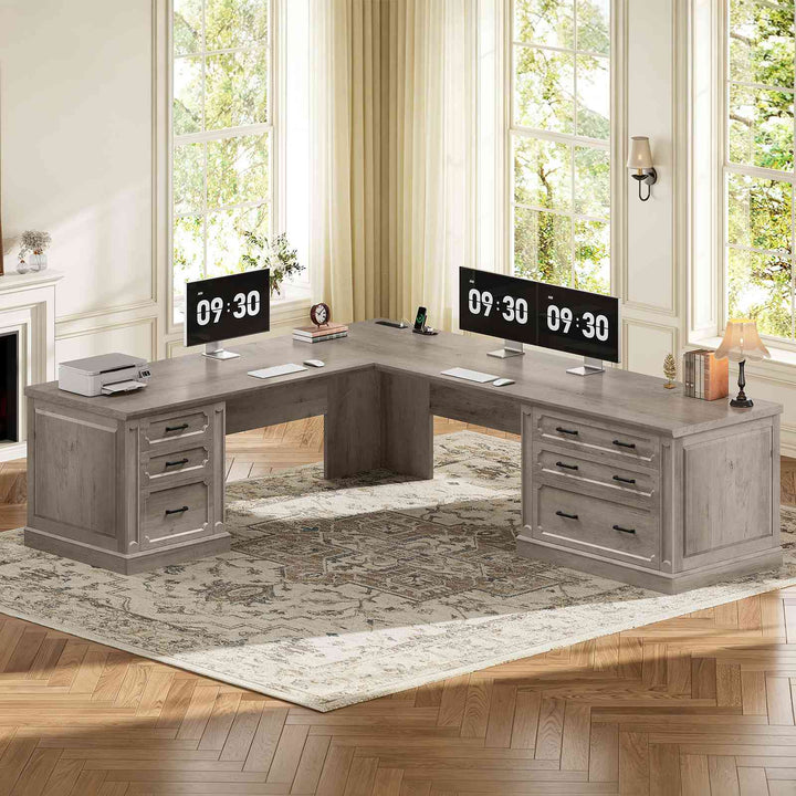 SEDETA 78.7 Inch Farmhouse Wood Corner Computer Desk L Shaped Executive Desk with 6 Storage Drawers Power Outlet for Home Office