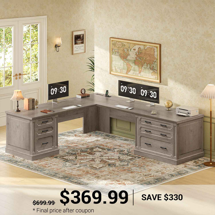 SEDETA | 78.7 Inch Corner Wood Computer Desk Farmhouse L Shaped Executive Desk with Power Outlet 6 Storage File Drawers