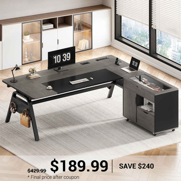 SEDETA® 63 Inch Modern Office Desk with 4 Hooks Power Outlet Computer Desk with Privacy Baffle Executive Desk with Movable File Cabinet for Home Office