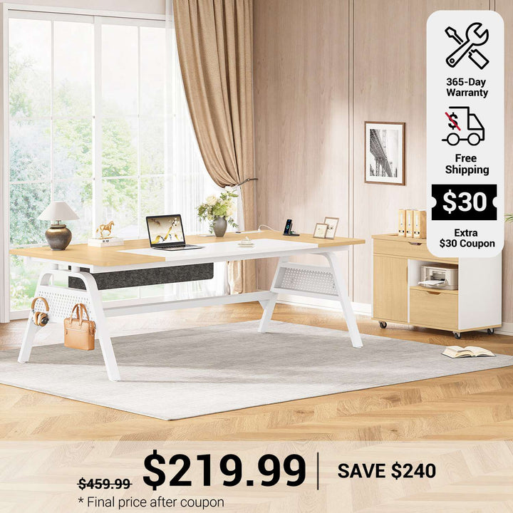 SEDETA 63 Inch Executive Desk with Movable File Cabinet Office Desk with 4 Hooks Power Outlet Computer Desk with Privacy Baffle for Home Office