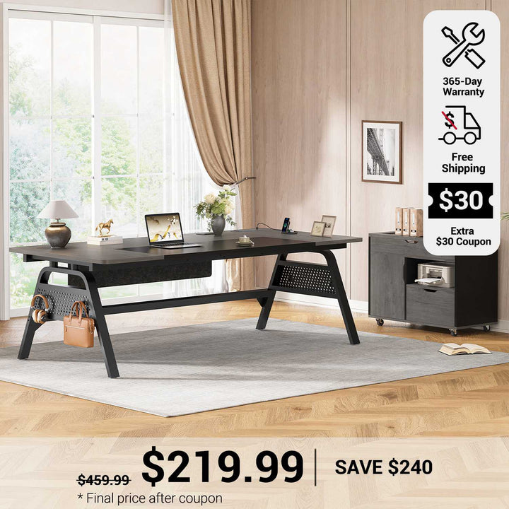 SEDETA 63 Inch Executive Desk with Movable File Cabinet Office Desk with 4 Hooks Power Outlet Computer Desk with Privacy Baffle for Home Office